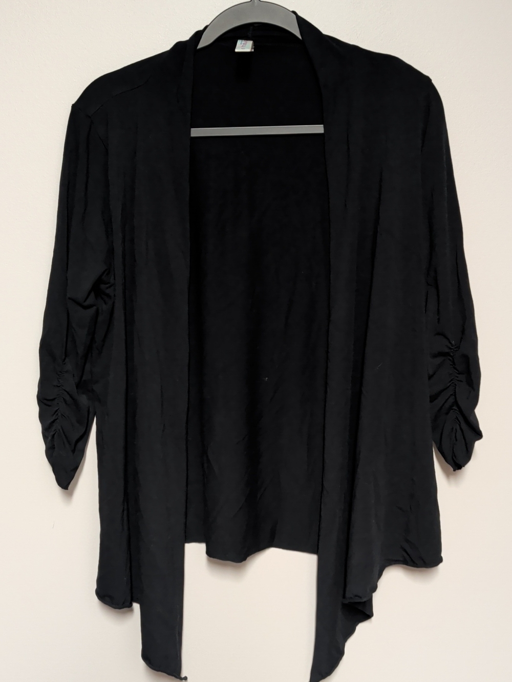 Soybu Black Open-Front Cardigan with Ruched Three-Quarter Sleeves